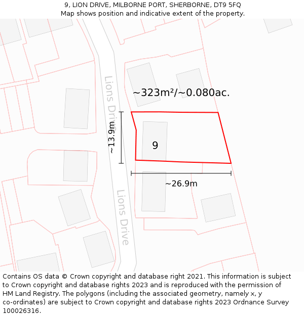 9, LION DRIVE, MILBORNE PORT, SHERBORNE, DT9 5FQ: Plot and title map