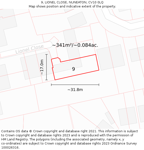 9, LIONEL CLOSE, NUNEATON, CV10 0LQ: Plot and title map