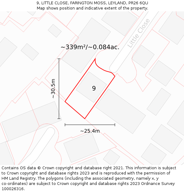 9, LITTLE CLOSE, FARINGTON MOSS, LEYLAND, PR26 6QU: Plot and title map