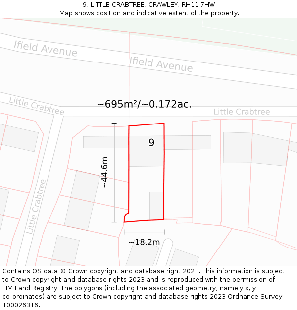 9, LITTLE CRABTREE, CRAWLEY, RH11 7HW: Plot and title map