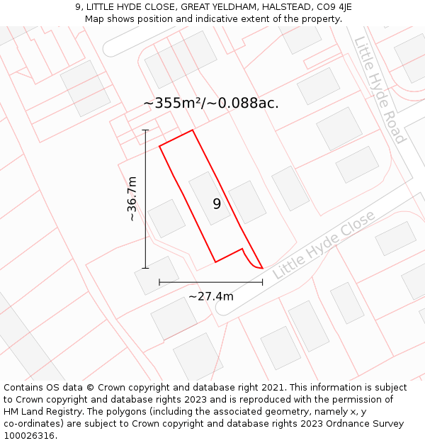 9, LITTLE HYDE CLOSE, GREAT YELDHAM, HALSTEAD, CO9 4JE: Plot and title map