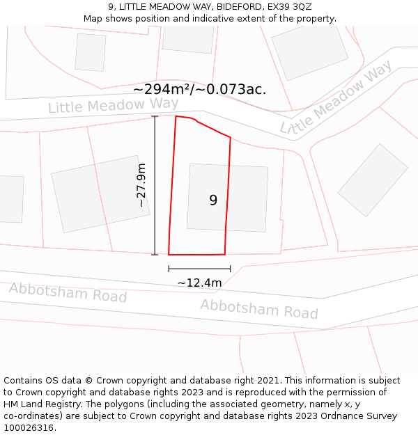 9, LITTLE MEADOW WAY, BIDEFORD, EX39 3QZ: Plot and title map