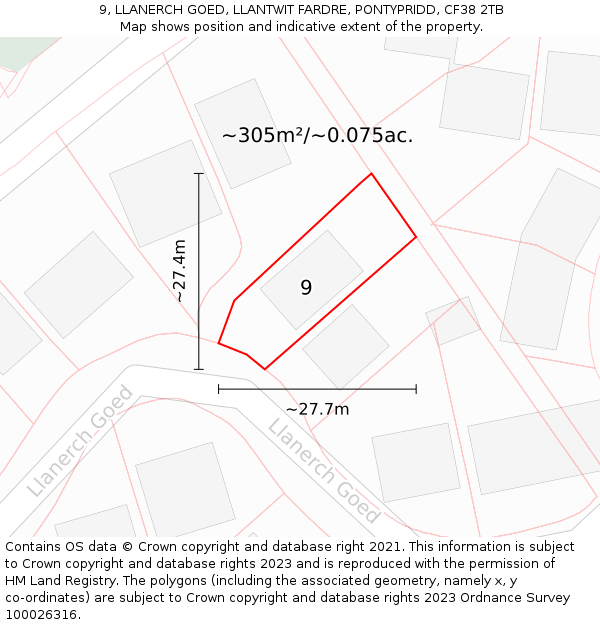 9, LLANERCH GOED, LLANTWIT FARDRE, PONTYPRIDD, CF38 2TB: Plot and title map