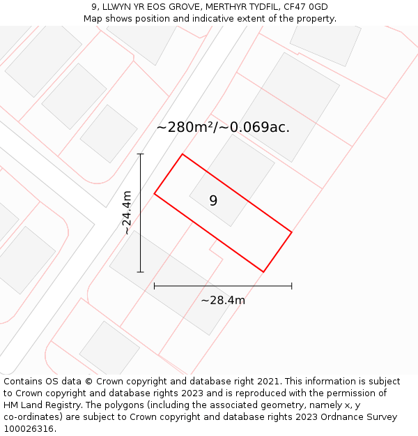 9, LLWYN YR EOS GROVE, MERTHYR TYDFIL, CF47 0GD: Plot and title map