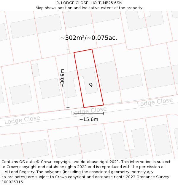 9, LODGE CLOSE, HOLT, NR25 6SN: Plot and title map