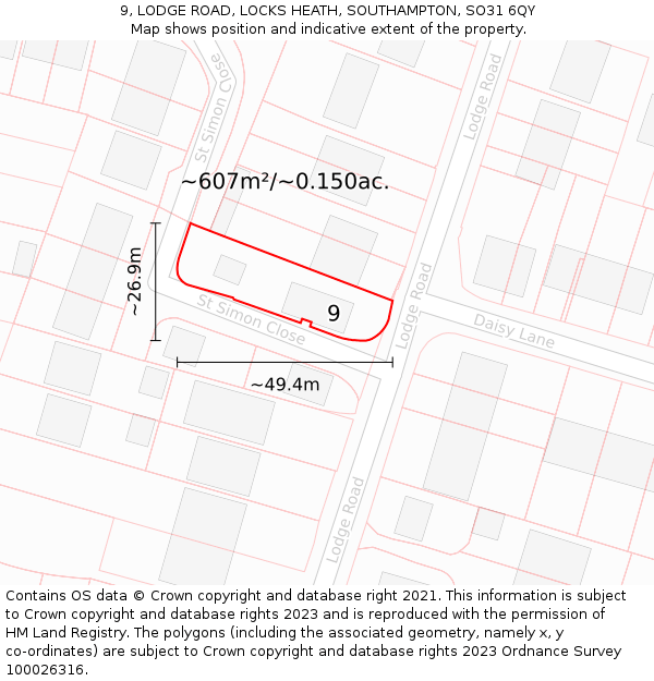 9, LODGE ROAD, LOCKS HEATH, SOUTHAMPTON, SO31 6QY: Plot and title map