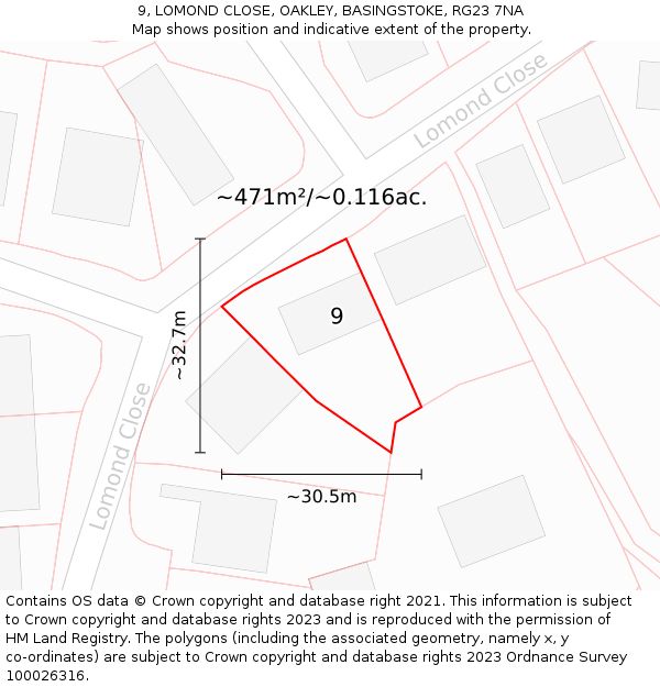 9, LOMOND CLOSE, OAKLEY, BASINGSTOKE, RG23 7NA: Plot and title map