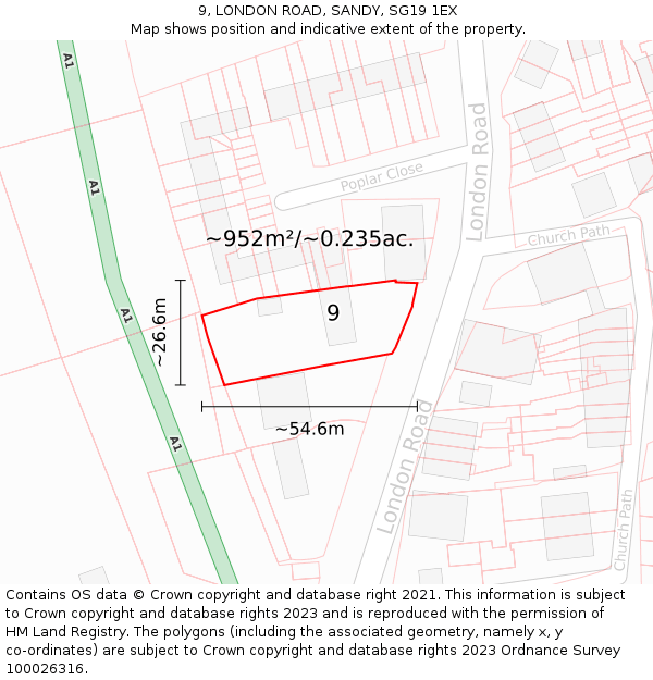 9, LONDON ROAD, SANDY, SG19 1EX: Plot and title map