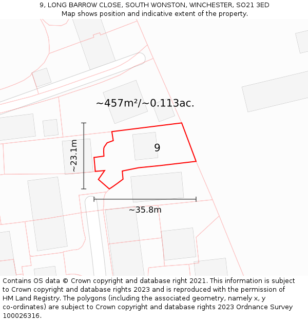 9, LONG BARROW CLOSE, SOUTH WONSTON, WINCHESTER, SO21 3ED: Plot and title map