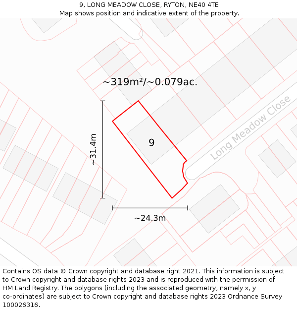 9, LONG MEADOW CLOSE, RYTON, NE40 4TE: Plot and title map