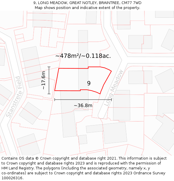 9, LONG MEADOW, GREAT NOTLEY, BRAINTREE, CM77 7WD: Plot and title map