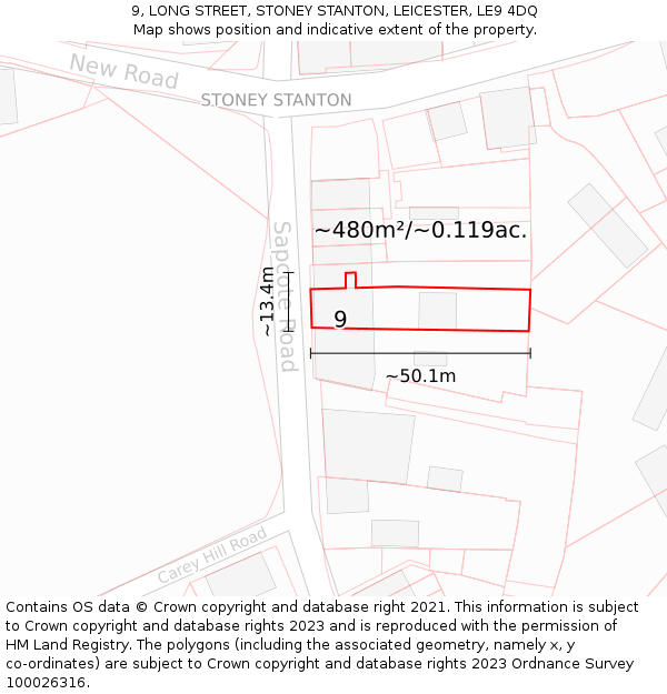 9, LONG STREET, STONEY STANTON, LEICESTER, LE9 4DQ: Plot and title map