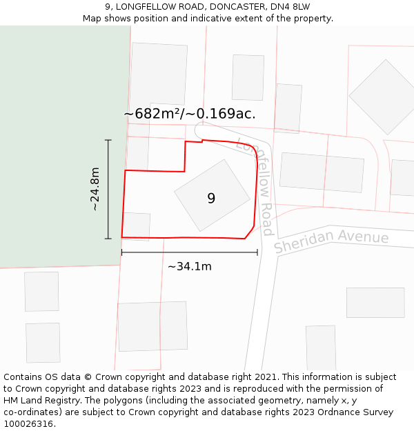 9, LONGFELLOW ROAD, DONCASTER, DN4 8LW: Plot and title map