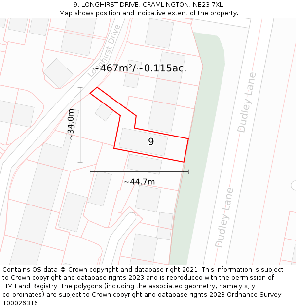 9, LONGHIRST DRIVE, CRAMLINGTON, NE23 7XL: Plot and title map