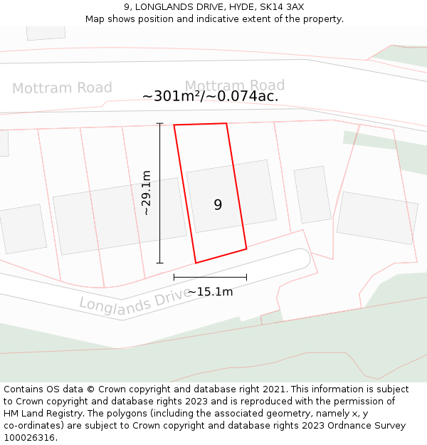 9, LONGLANDS DRIVE, HYDE, SK14 3AX: Plot and title map