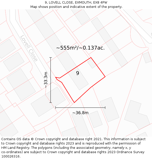 9, LOVELL CLOSE, EXMOUTH, EX8 4PW: Plot and title map