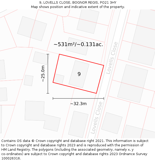 9, LOVELLS CLOSE, BOGNOR REGIS, PO21 3HY: Plot and title map