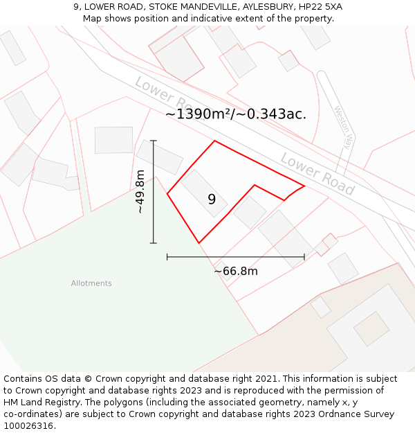 9, LOWER ROAD, STOKE MANDEVILLE, AYLESBURY, HP22 5XA: Plot and title map
