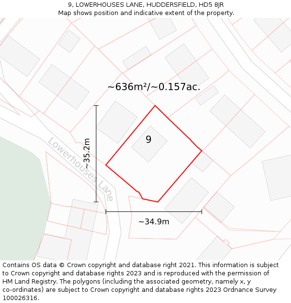 9, LOWERHOUSES LANE, HUDDERSFIELD, HD5 8JR: Plot and title map