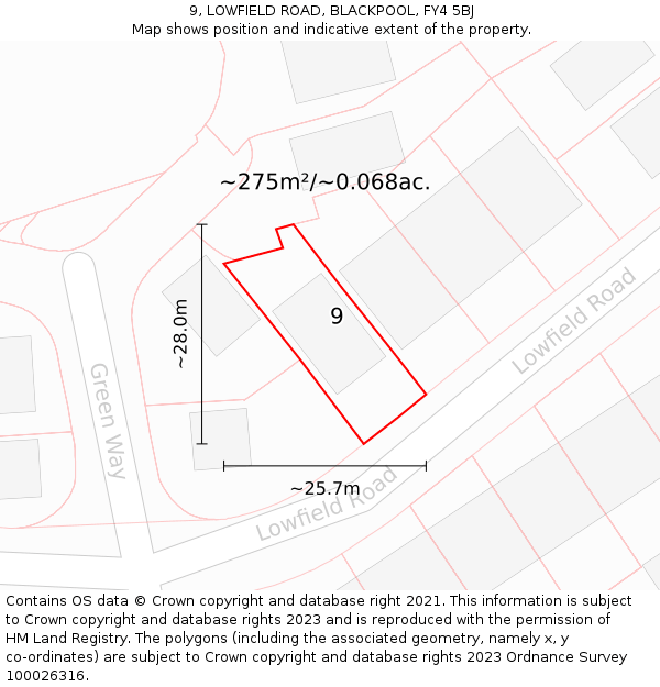 9, LOWFIELD ROAD, BLACKPOOL, FY4 5BJ: Plot and title map