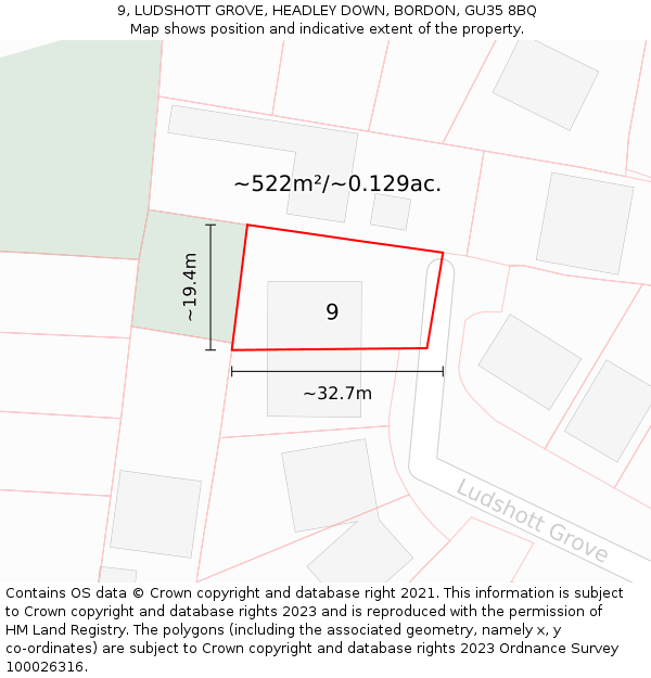 9, LUDSHOTT GROVE, HEADLEY DOWN, BORDON, GU35 8BQ: Plot and title map