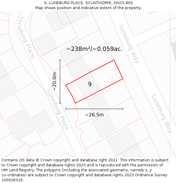 9, LUNEBURG PLACE, SCUNTHORPE, DN15 8XS: Plot and title map