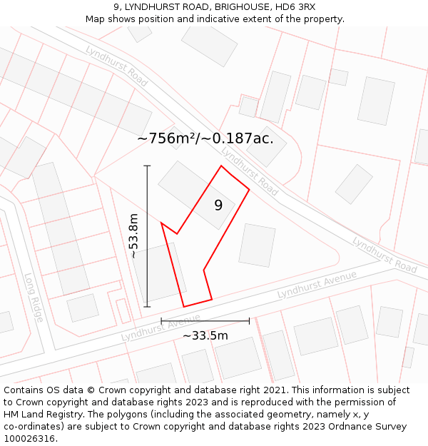 9, LYNDHURST ROAD, BRIGHOUSE, HD6 3RX: Plot and title map