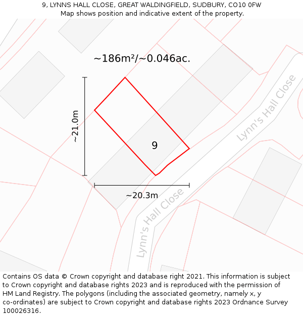 9, LYNNS HALL CLOSE, GREAT WALDINGFIELD, SUDBURY, CO10 0FW: Plot and title map