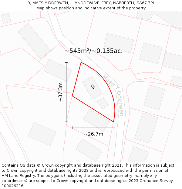 9, MAES Y DDERWEN, LLANDDEWI VELFREY, NARBERTH, SA67 7PL: Plot and title map