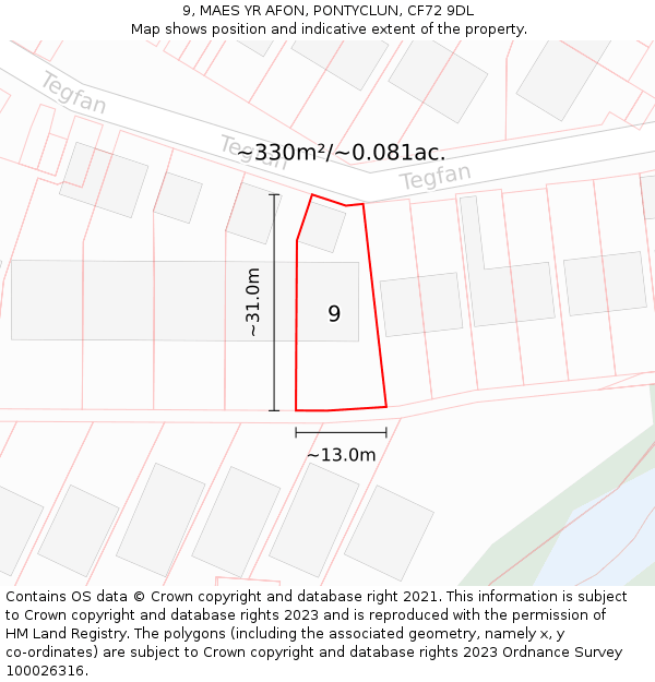 9, MAES YR AFON, PONTYCLUN, CF72 9DL: Plot and title map