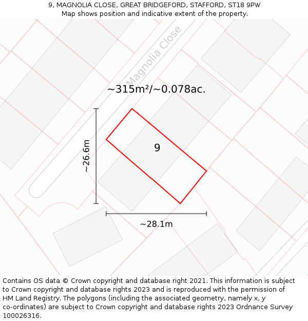 9, MAGNOLIA CLOSE, GREAT BRIDGEFORD, STAFFORD, ST18 9PW: Plot and title map