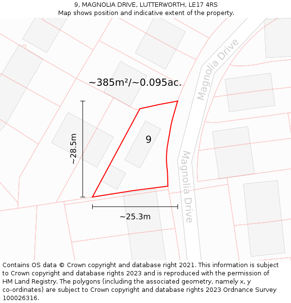 9, MAGNOLIA DRIVE, LUTTERWORTH, LE17 4RS: Plot and title map