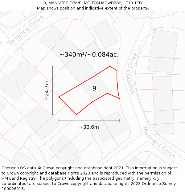 9, MANNERS DRIVE, MELTON MOWBRAY, LE13 1ED: Plot and title map