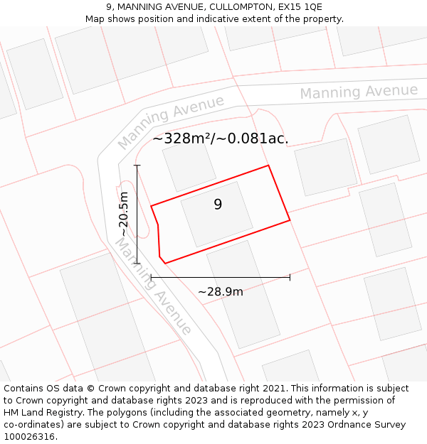 9, MANNING AVENUE, CULLOMPTON, EX15 1QE: Plot and title map