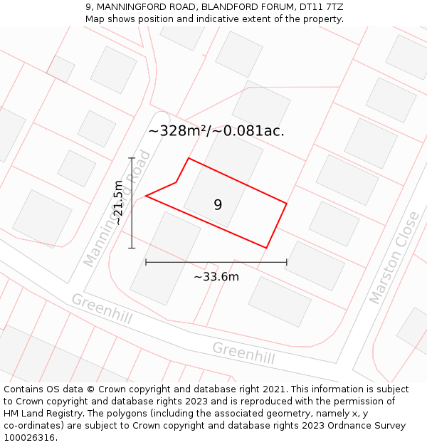9, MANNINGFORD ROAD, BLANDFORD FORUM, DT11 7TZ: Plot and title map