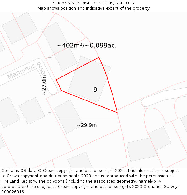 9, MANNINGS RISE, RUSHDEN, NN10 0LY: Plot and title map