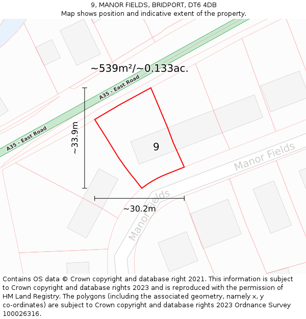 9, MANOR FIELDS, BRIDPORT, DT6 4DB: Plot and title map