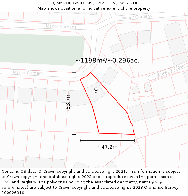 9, MANOR GARDENS, HAMPTON, TW12 2TX: Plot and title map