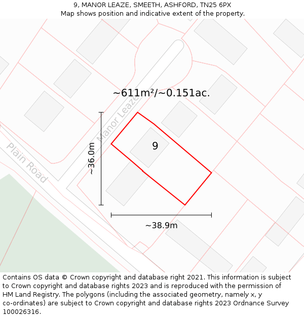 9, MANOR LEAZE, SMEETH, ASHFORD, TN25 6PX: Plot and title map