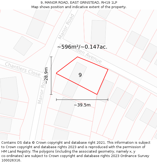 9, MANOR ROAD, EAST GRINSTEAD, RH19 1LP: Plot and title map