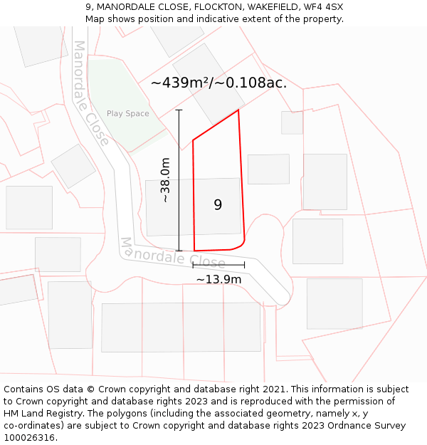 9, MANORDALE CLOSE, FLOCKTON, WAKEFIELD, WF4 4SX: Plot and title map