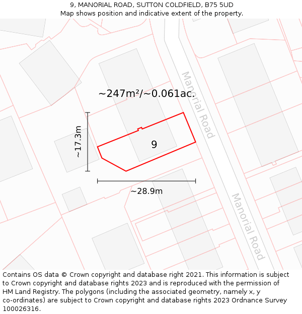 9, MANORIAL ROAD, SUTTON COLDFIELD, B75 5UD: Plot and title map