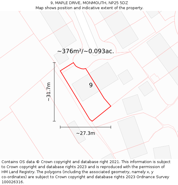 9, MAPLE DRIVE, MONMOUTH, NP25 5DZ: Plot and title map