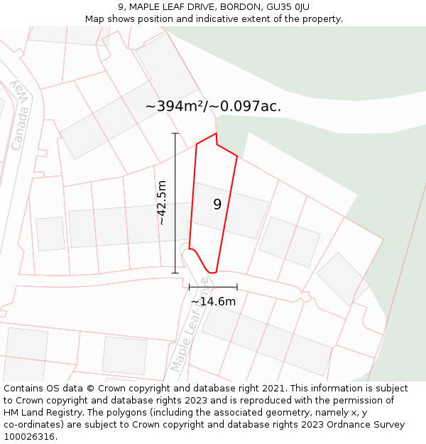 9, MAPLE LEAF DRIVE, BORDON, GU35 0JU: Plot and title map