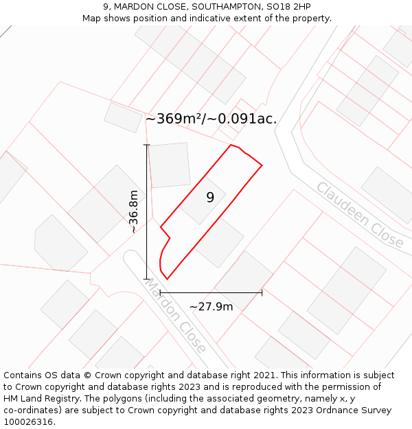 9, MARDON CLOSE, SOUTHAMPTON, SO18 2HP: Plot and title map