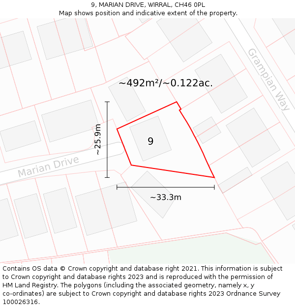 9, MARIAN DRIVE, WIRRAL, CH46 0PL: Plot and title map