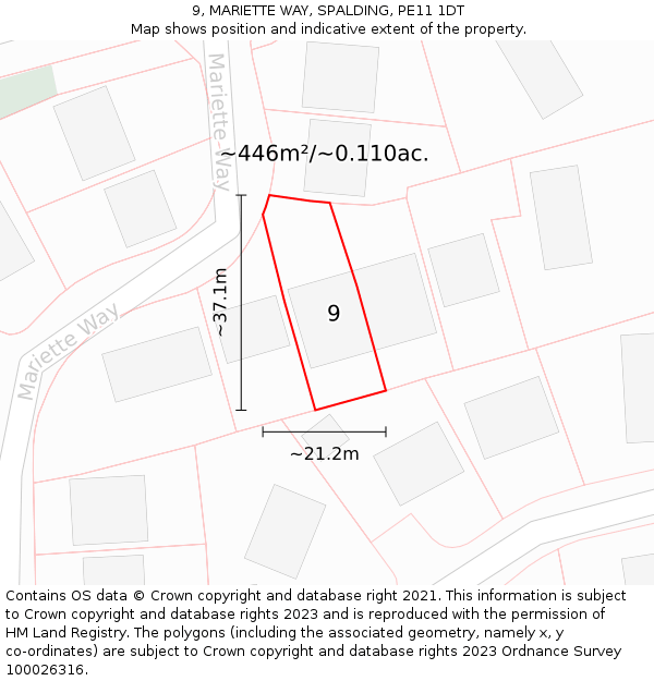 9, MARIETTE WAY, SPALDING, PE11 1DT: Plot and title map