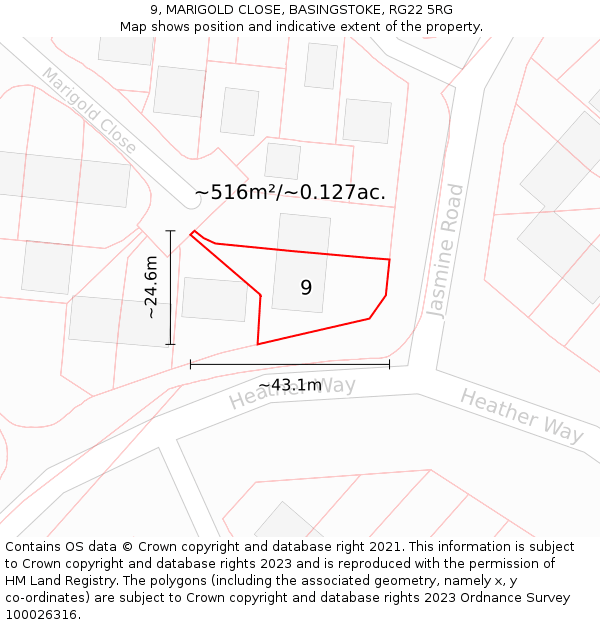 9, MARIGOLD CLOSE, BASINGSTOKE, RG22 5RG: Plot and title map