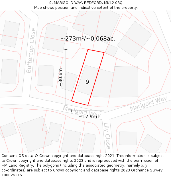 9, MARIGOLD WAY, BEDFORD, MK42 0RQ: Plot and title map