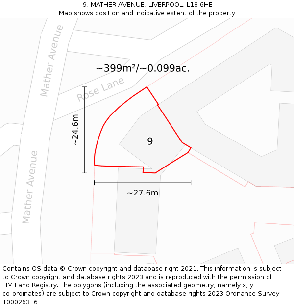 9, MATHER AVENUE, LIVERPOOL, L18 6HE: Plot and title map
